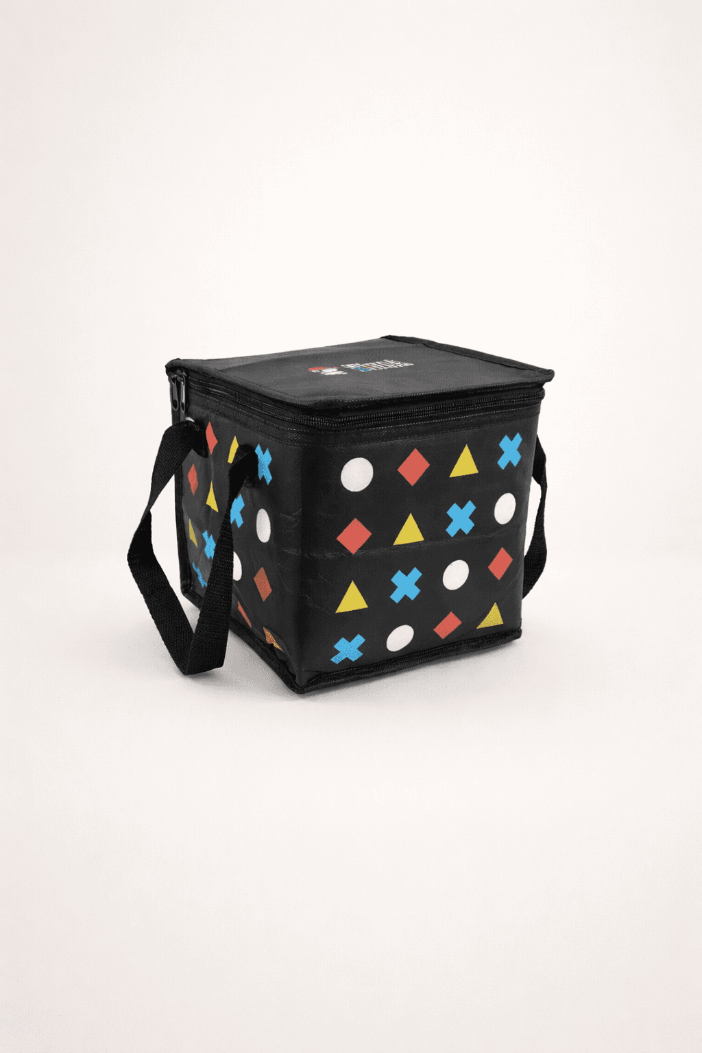 Black insulated cooler bag with colorful geometric pattern and shoulder strap