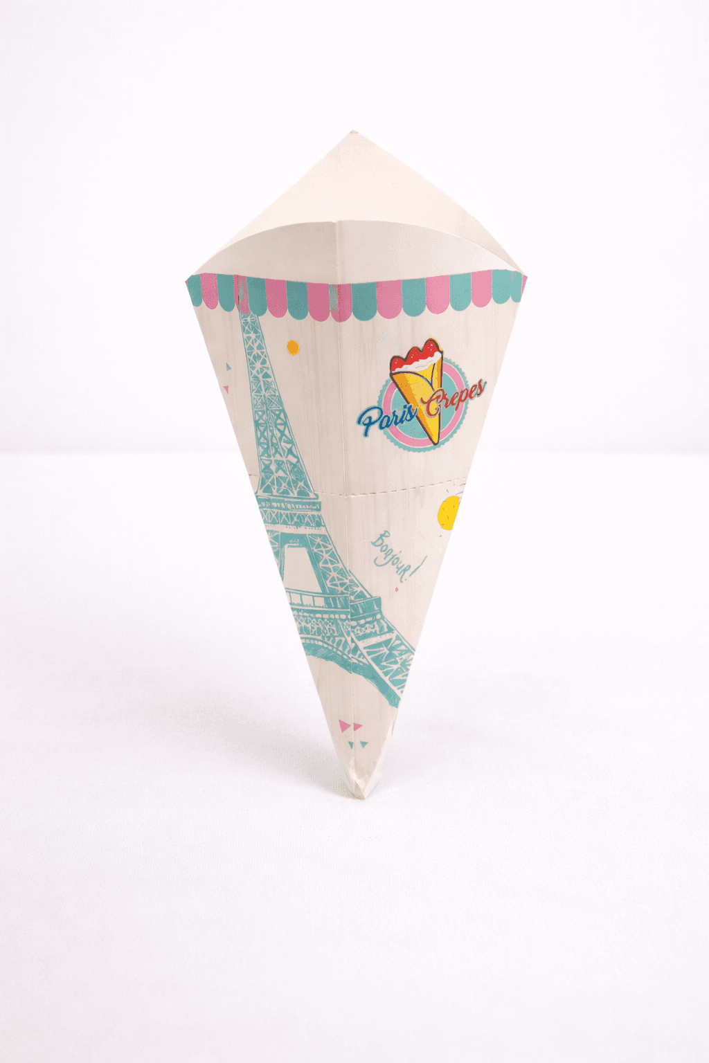 Printed paper cone with Eiffel Tower design for crepes