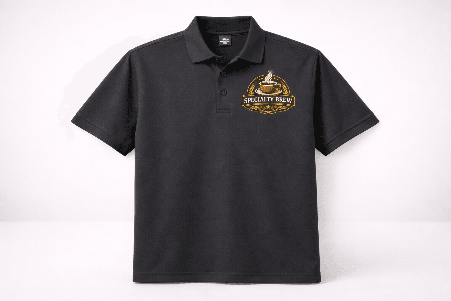 Dark gray polo shirt with embroidered logo on left chest