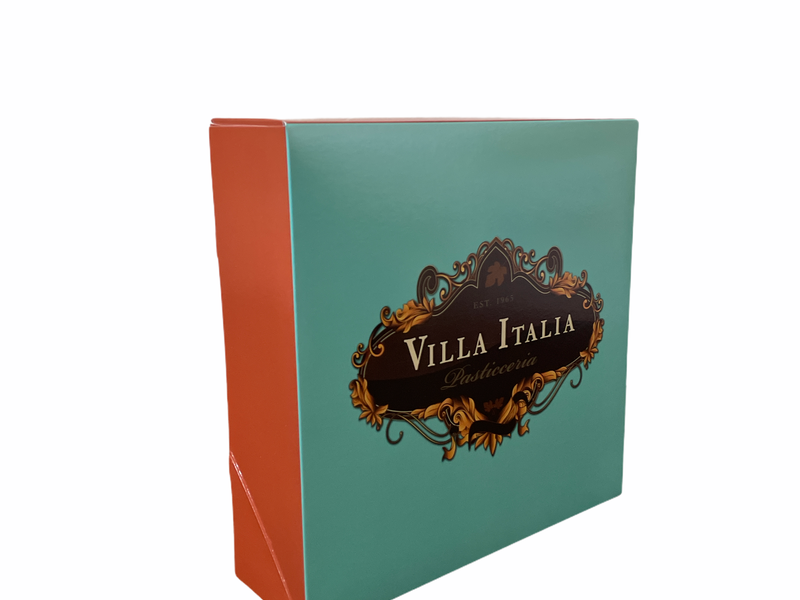 A bakery box with a beautiful logo for Villa Italia bakery