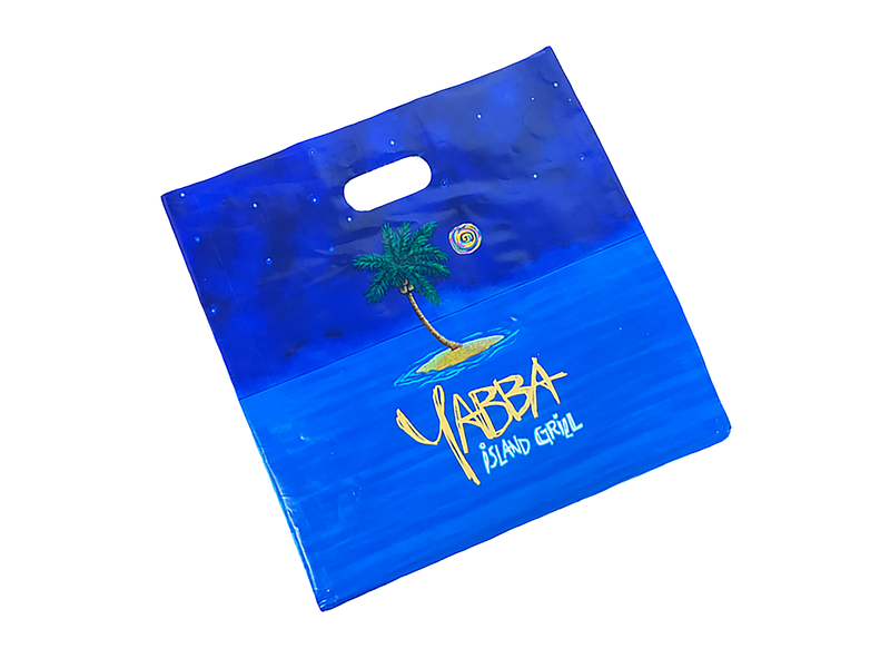 Bright blue die cut bag with logo.