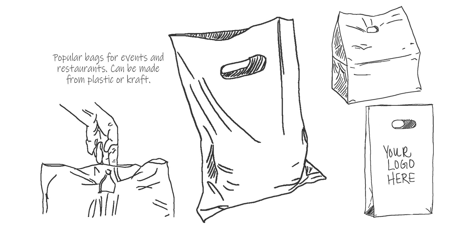 An illustration of multiple die cut style bags.